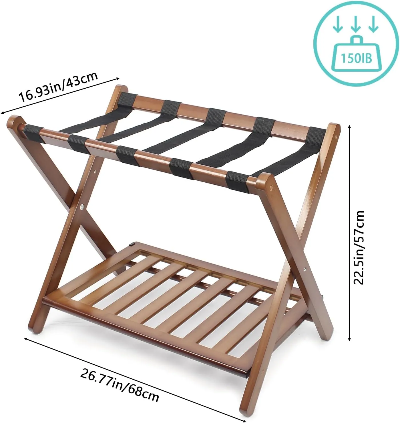 Fully Assembled Walnut Luggage Racks Set of 2, 5 Nylon Straps Folding Suitcase Stand, Bamboo Luggage Stands with Storage Shelf, Ideal for Guest Room, Bedroom, Hotel