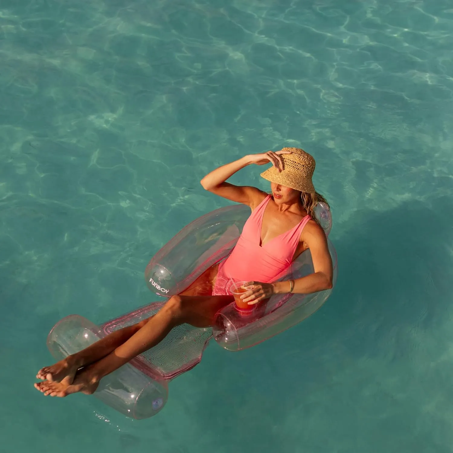 FUNBOY Clear Inflatable Mesh Pool Float 2-in-1 Pool Chair Float & Mesh Water Hammock 53" Pool Hammock Float for Adults Swimming Pool Accessories & Tanning Pool Lounger Float for Pool Party & Summer