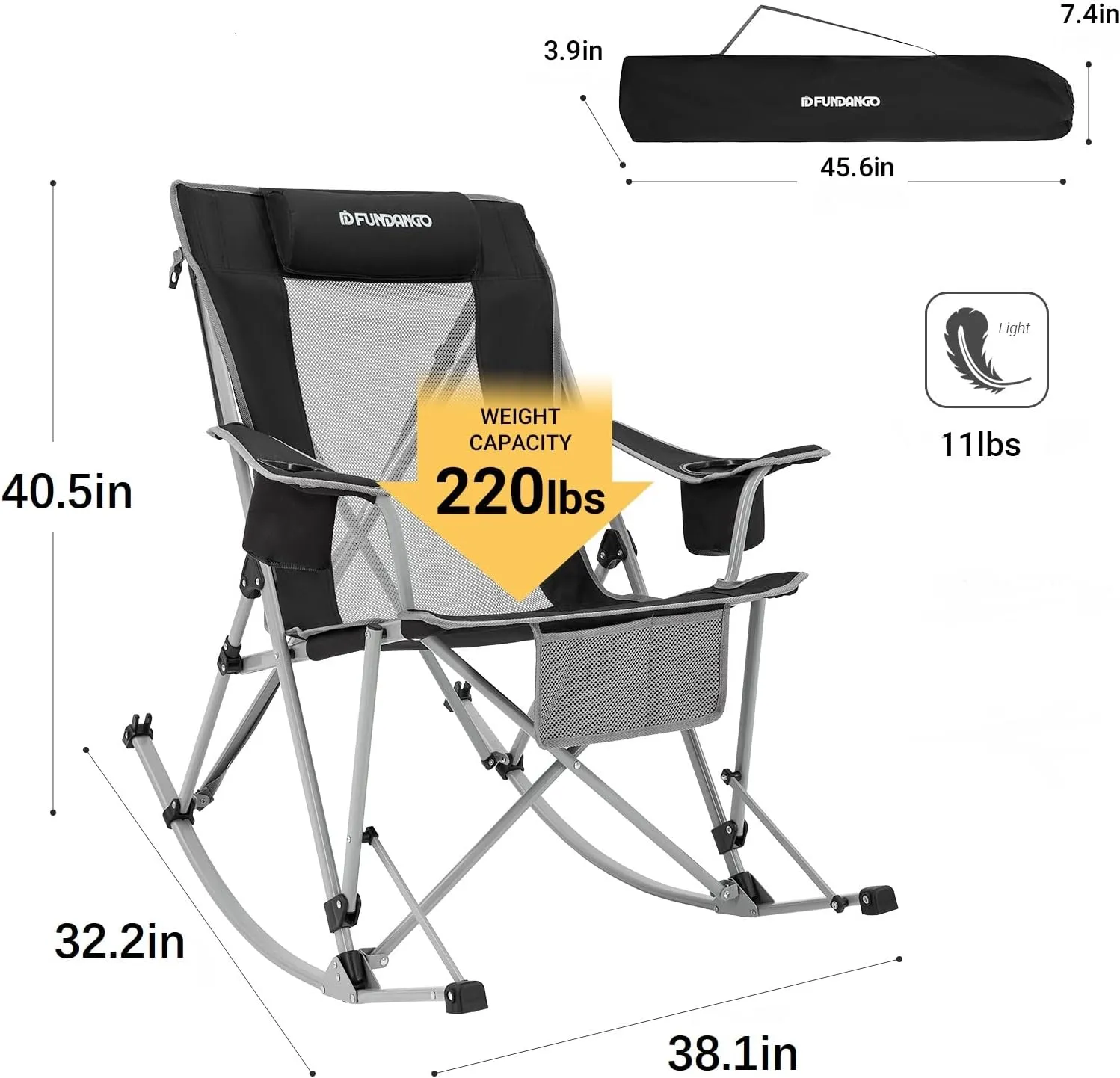 FUNDANGO Camping Rocking Chairs for Adults, Portable Rocking Chair Outdoor Folding for Beach, Outdoor, Travel, Picnic, Patio (BlackGery)