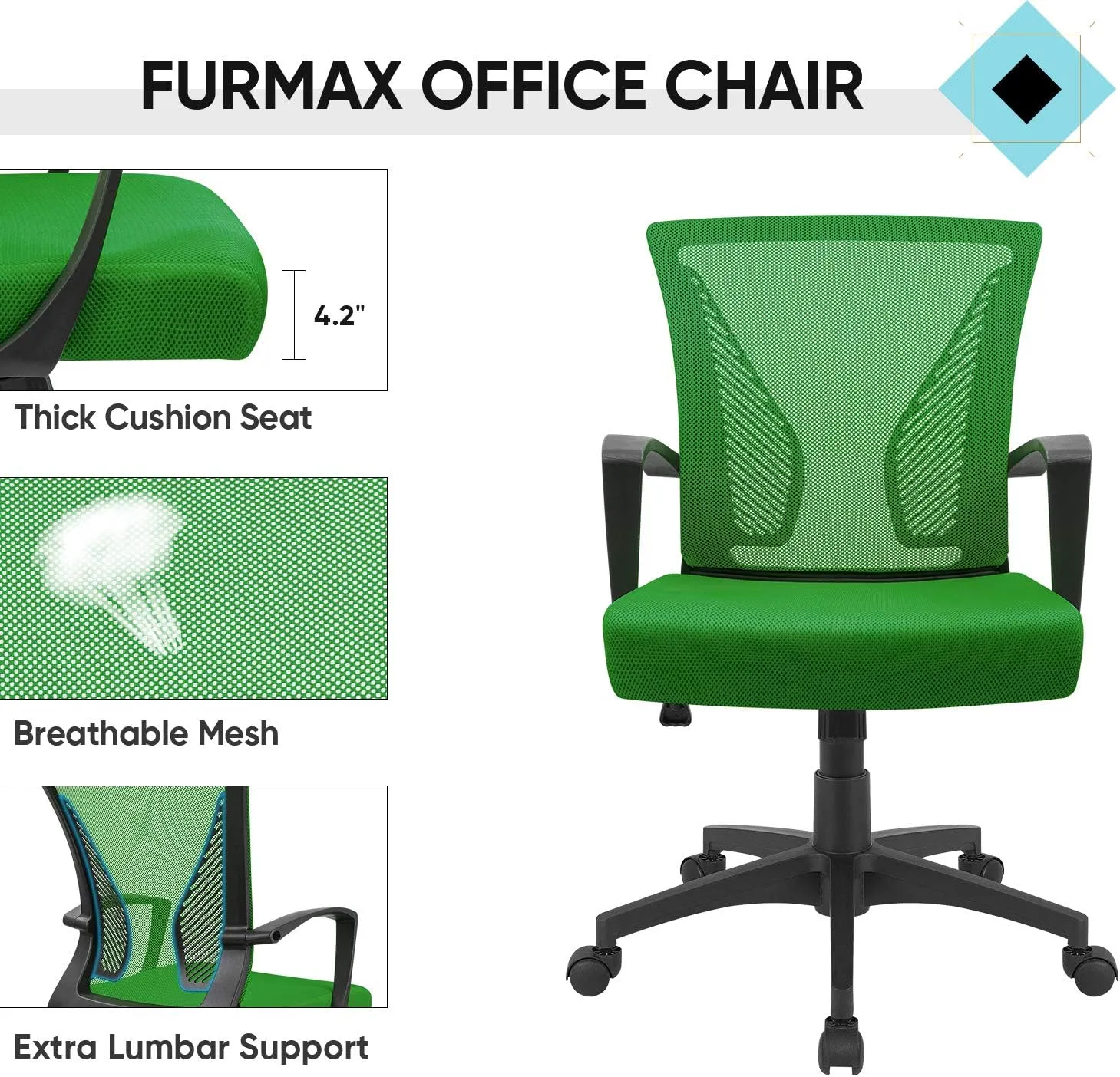 Furmax Office Chair Ergonomic Computer Desk Mesh Chair Mid Back Swivel Lumbar Support with Armrest (1, Green)