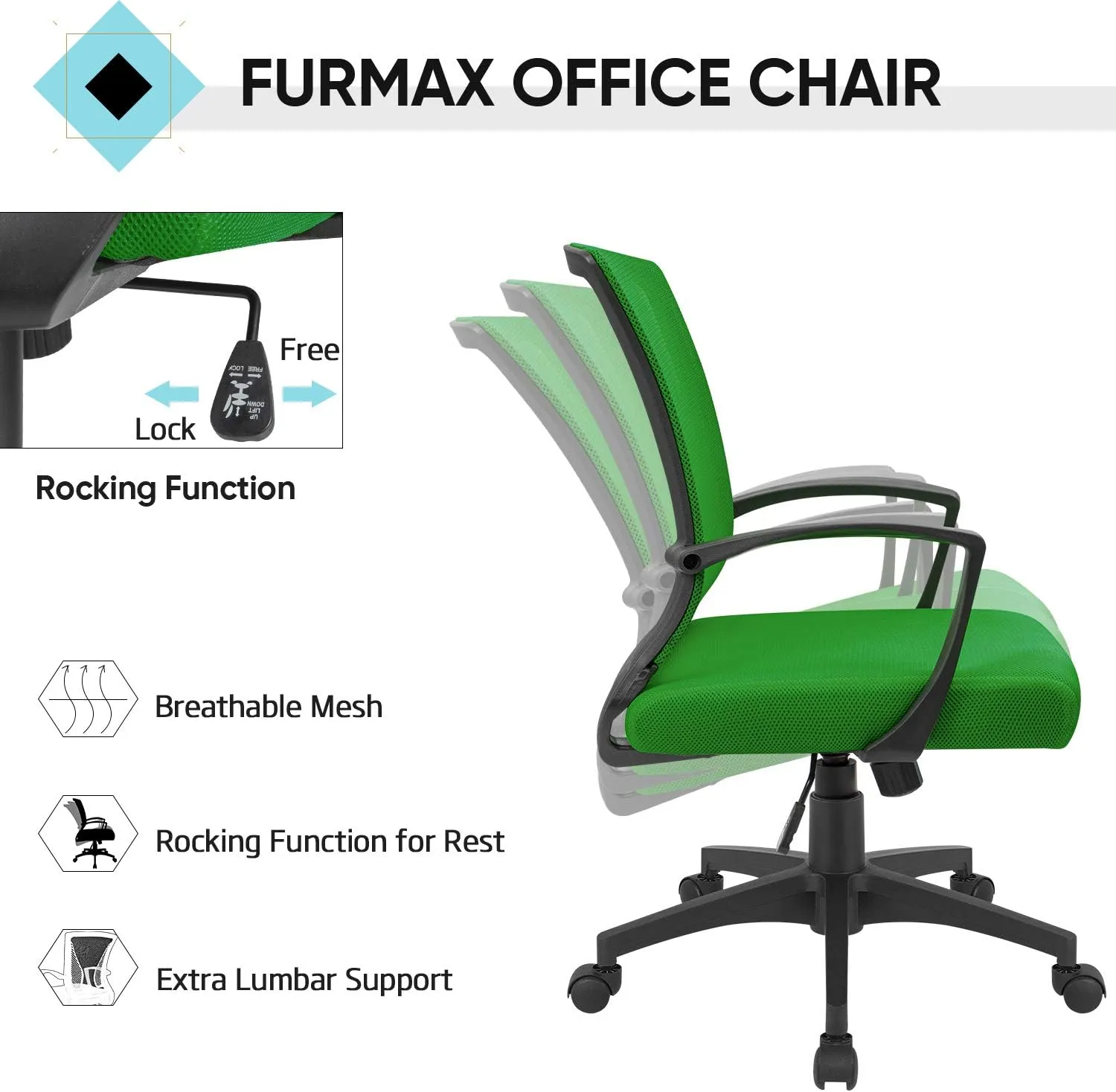 Furmax Office Chair Ergonomic Computer Desk Mesh Chair Mid Back Swivel Lumbar Support with Armrest (1, Green)