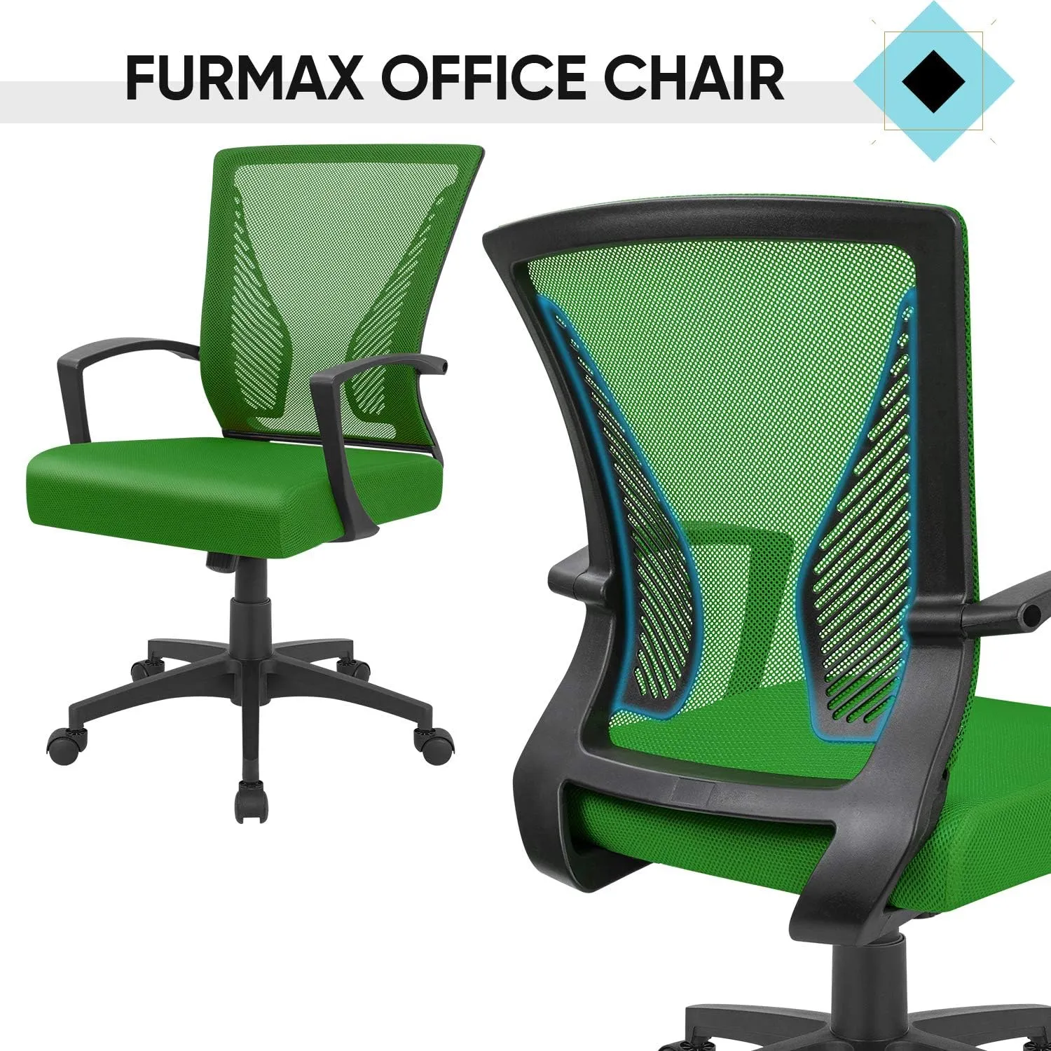 Furmax Office Chair Ergonomic Computer Desk Mesh Chair Mid Back Swivel Lumbar Support with Armrest (1, Green)
