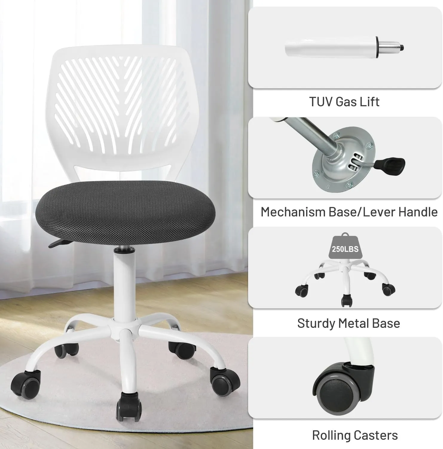 FurnitureR Students Cute Desk Chair Ergonomic for Teens Boys Girls Youth Low-Back Armless Study Writing Swivel Mesh Seating with Adjustable Height for Home Office Living Room Bedroom School
