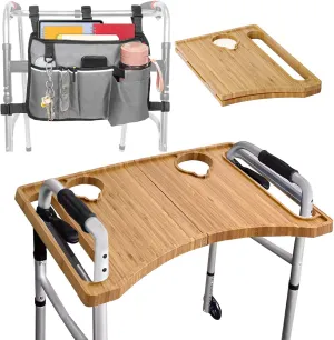 G GENLEAS Bamboo Walker Tray with Walker Bag, Foldable Walker Storage Bag with Big Capacity, Ideal for Dining Crafts Work Outside of The House, Rollator Walker Accessories