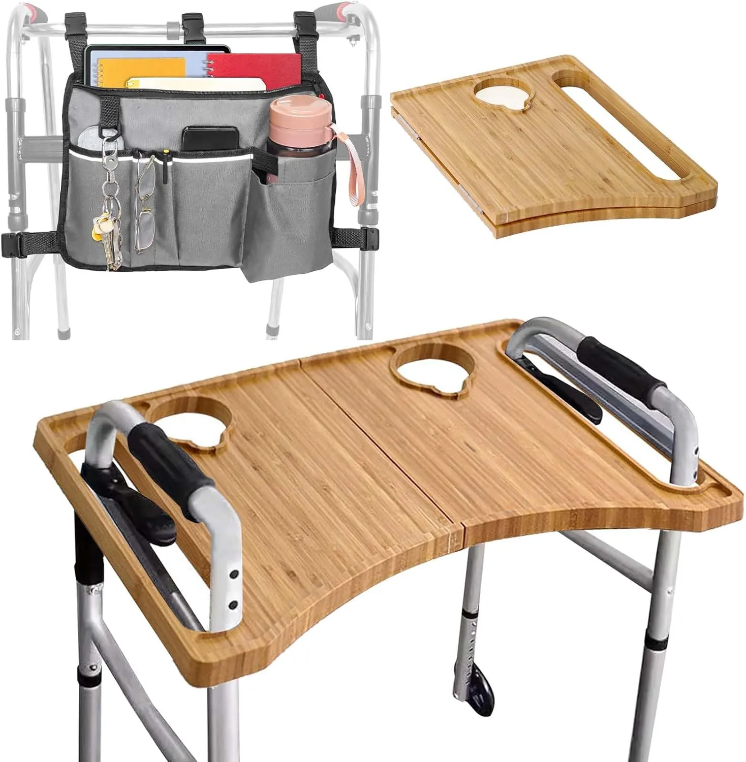G GENLEAS Bamboo Walker Tray with Walker Bag, Foldable Walker Storage Bag with Big Capacity, Ideal for Dining Crafts Work Outside of The House, Rollator Walker Accessories
