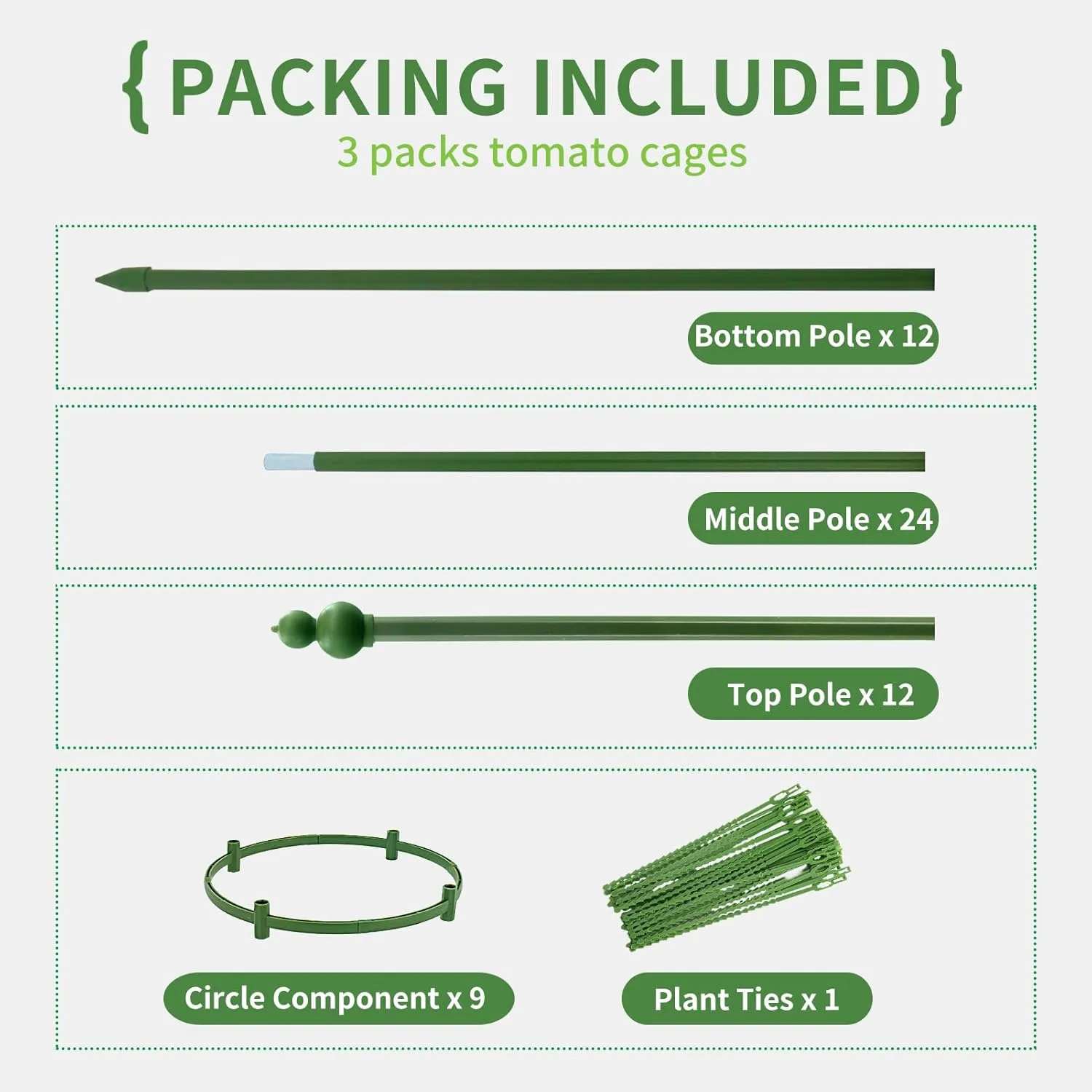 G-LEAF Adjustable Detachable Tomato Cage 3 Pack Tomatoes Plant Support Cages Trellis Garden Sticks/Stakes for Climbing Plants, Vegetables, Fruit, Flowers, 60 inch (Garden Ties Include)