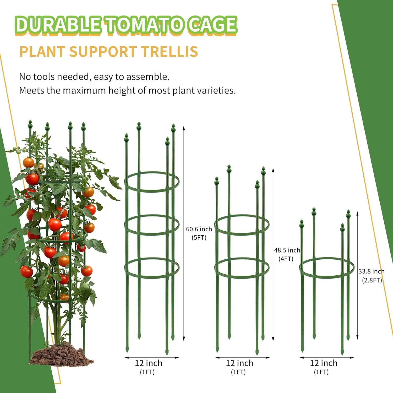 G-LEAF Adjustable Detachable Tomato Cage 3 Pack Tomatoes Plant Support Cages Trellis Garden Sticks/Stakes for Climbing Plants, Vegetables, Fruit, Flowers, 60 inch (Garden Ties Include)