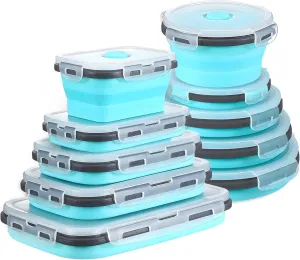 GEMLORD 10 Pieces Collapsible Food Storage Containers Foldable Silicone Lunch Containers with Airtight Lids, 5 Pcs Rectangle and 5 Pcs Round Food Bowls for Kitchen Microwave Freezer Dishwasher Safe