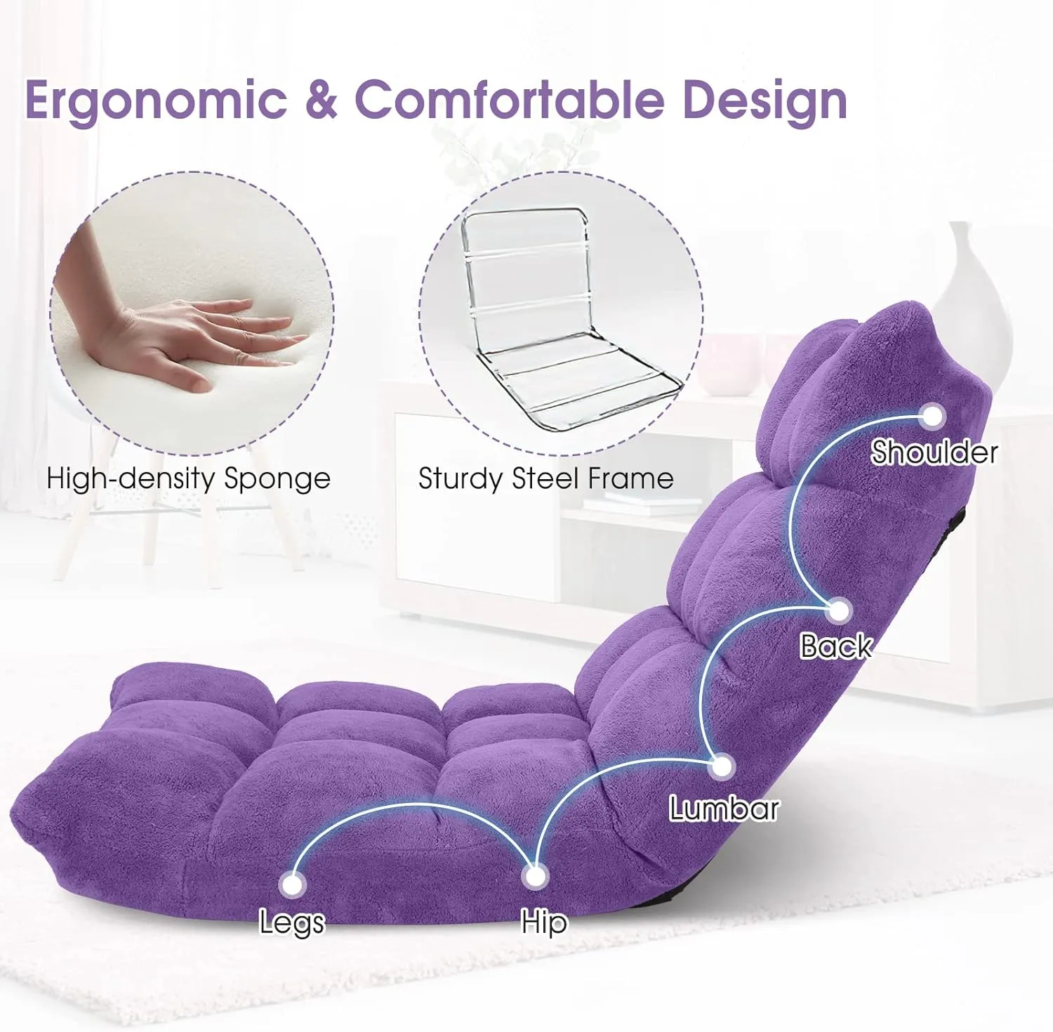 Giantex Floor Chair with Back Support, 14 Adjustable Position, Padded Sleeper Bed, Couch Recliner, Folding Gaming Floor Chairs for Adults, Living Room, Bedroom, Yoga, Meditation, Purple