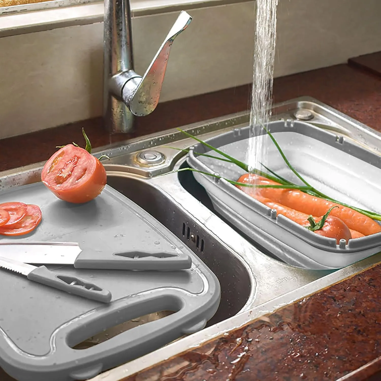 Gintan Camping Cutting Board, 9-in-1 Collapsible Chopping Board with Colander, Kitchen Vegetable Washing Basket for Camping, Camping Gifts Camping Accessories for RV Campers (Gray)
