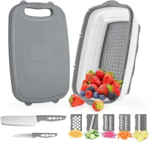 Gintan Camping Cutting Board, 9-in-1 Collapsible Chopping Board with Colander, Kitchen Vegetable Washing Basket for Camping, Camping Gifts Camping Accessories for RV Campers (Gray)