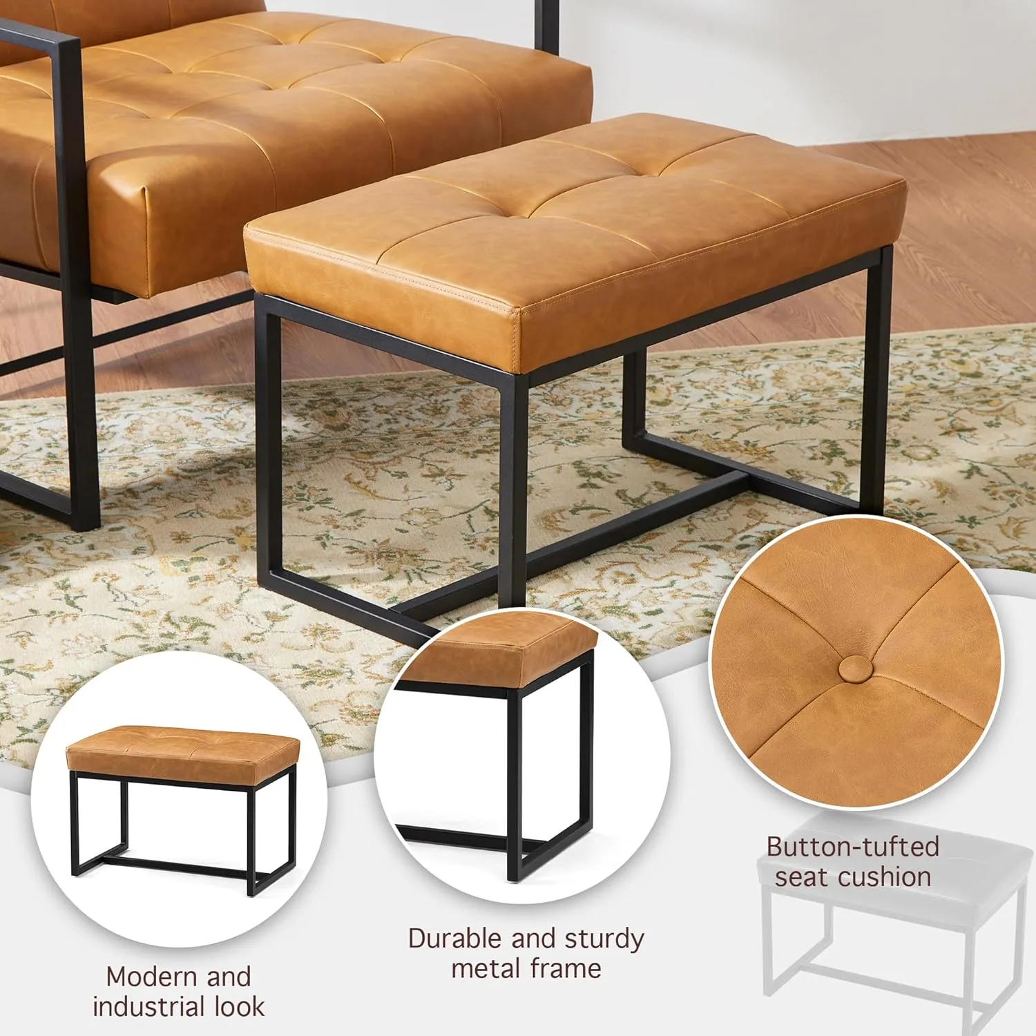 Glitzhome Ottoman Bench, Modern PU Leather Vanity Stools Chairs with Metal Frame, Makeup Stool Padded Foot Rest Stool for Living Room Vanity, Entryway, Bathroom,Light Brown