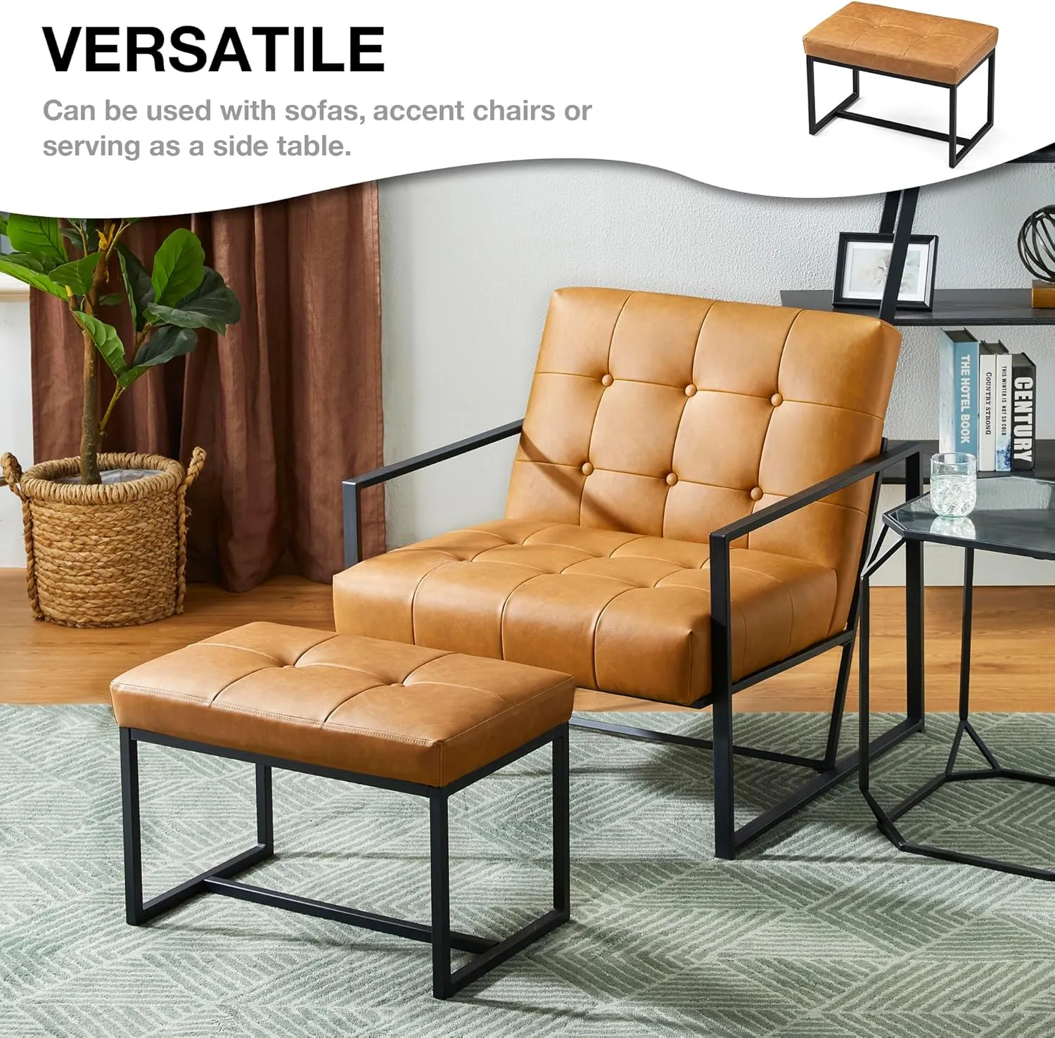 Glitzhome Ottoman Bench, Modern PU Leather Vanity Stools Chairs with Metal Frame, Makeup Stool Padded Foot Rest Stool for Living Room Vanity, Entryway, Bathroom,Light Brown