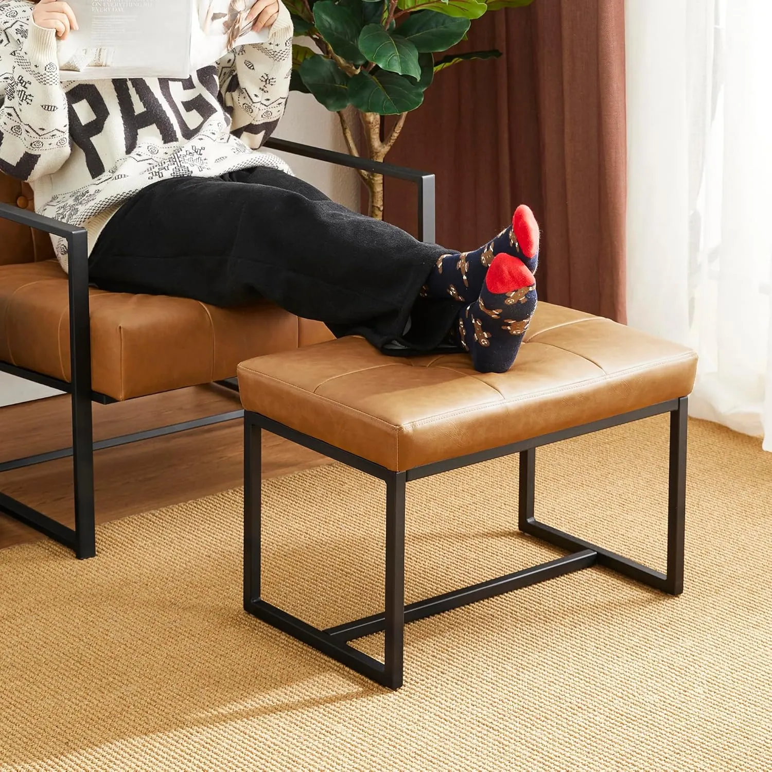 Glitzhome Ottoman Bench, Modern PU Leather Vanity Stools Chairs with Metal Frame, Makeup Stool Padded Foot Rest Stool for Living Room Vanity, Entryway, Bathroom,Light Brown