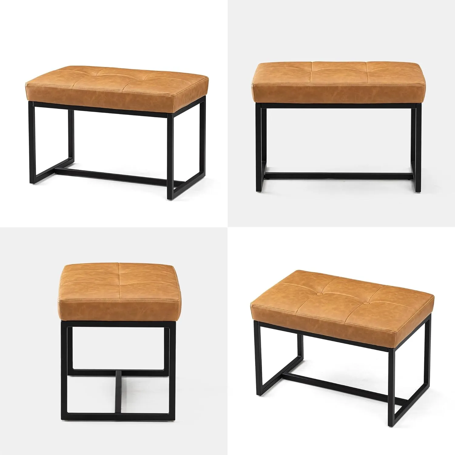 Glitzhome Ottoman Bench, Modern PU Leather Vanity Stools Chairs with Metal Frame, Makeup Stool Padded Foot Rest Stool for Living Room Vanity, Entryway, Bathroom,Light Brown