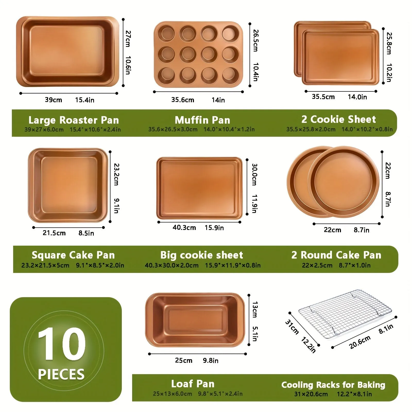 Golden Nonstick Baking 10-Piece Set, Heavy Duty and Safe