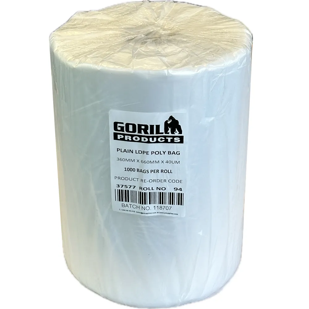GORILLA Natural Virgin LL LDPE Perforated on Roll Poly Bags 360mm x 660mm Ø75mm Core 40µm (Roll 1,000 Bags)