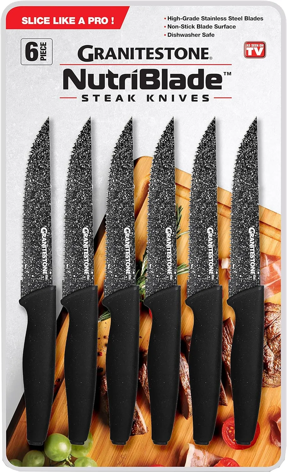 Granitestone Nutriblade 6-Piece Steak Knives with Comfortable Handles, Stainless Steel Serrated Blades – Dishwasher-safe and Rust-proof Steak Knife For Home and Restaurant Use As Seen On TV