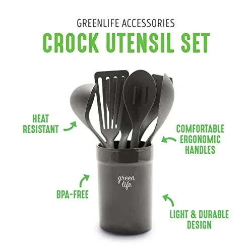 GreenLife Cooking Tools and Utensils, 7 Piece Nylon and Wood Kitchen Set with Ceramic Crock Holder, Heat Resistant Spatula and Spoons, BPA-Free, Black