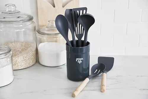 GreenLife Cooking Tools and Utensils, 7 Piece Nylon and Wood Kitchen Set with Ceramic Crock Holder, Heat Resistant Spatula and Spoons, BPA-Free, Black