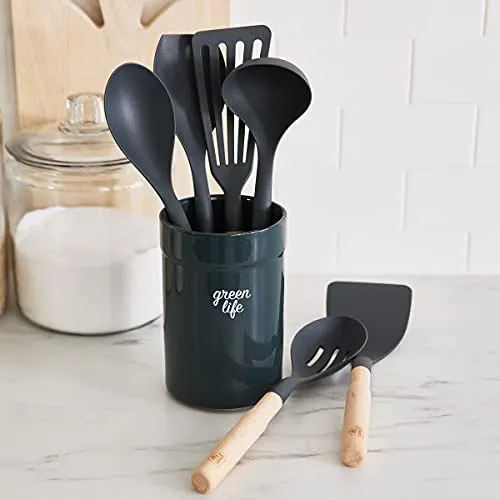 GreenLife Cooking Tools and Utensils, 7 Piece Nylon and Wood Kitchen Set with Ceramic Crock Holder, Heat Resistant Spatula and Spoons, BPA-Free, Black