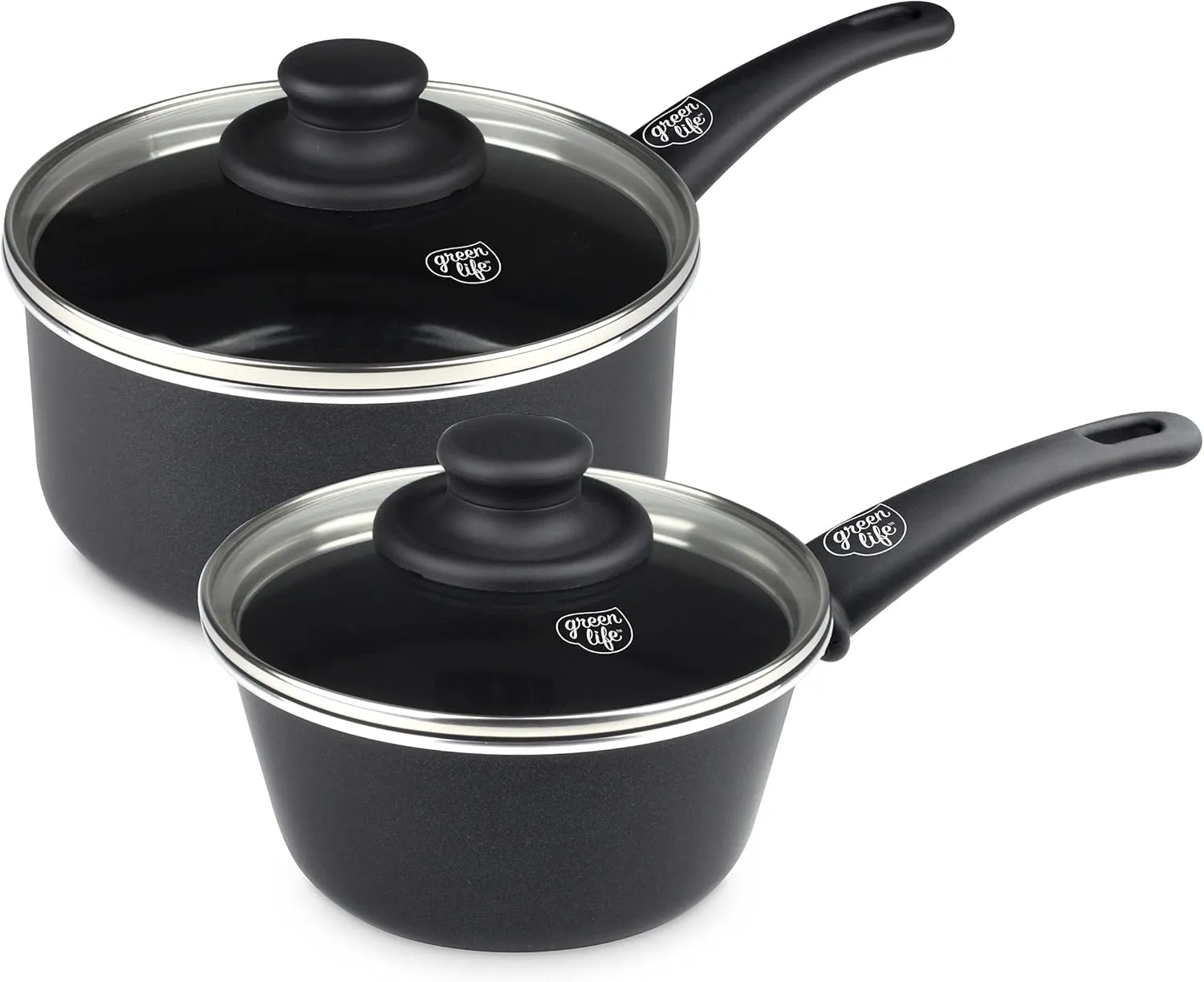 GreenLife Soft Grip 1QT and 2QT Saucepan Set, Non-Toxic PFAS-Free Ceramic Nonstick, Glass Lids, Stay Cool Handles, Wobble Free Base, Dishwasher & Oven Safe, Easy Clean, Multipurpose, Black