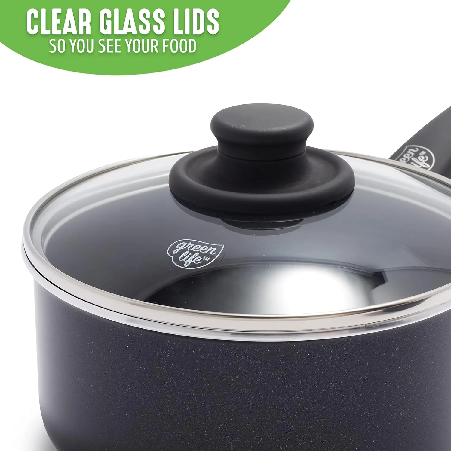 GreenLife Soft Grip 1QT and 2QT Saucepan Set, Non-Toxic PFAS-Free Ceramic Nonstick, Glass Lids, Stay Cool Handles, Wobble Free Base, Dishwasher & Oven Safe, Easy Clean, Multipurpose, Black