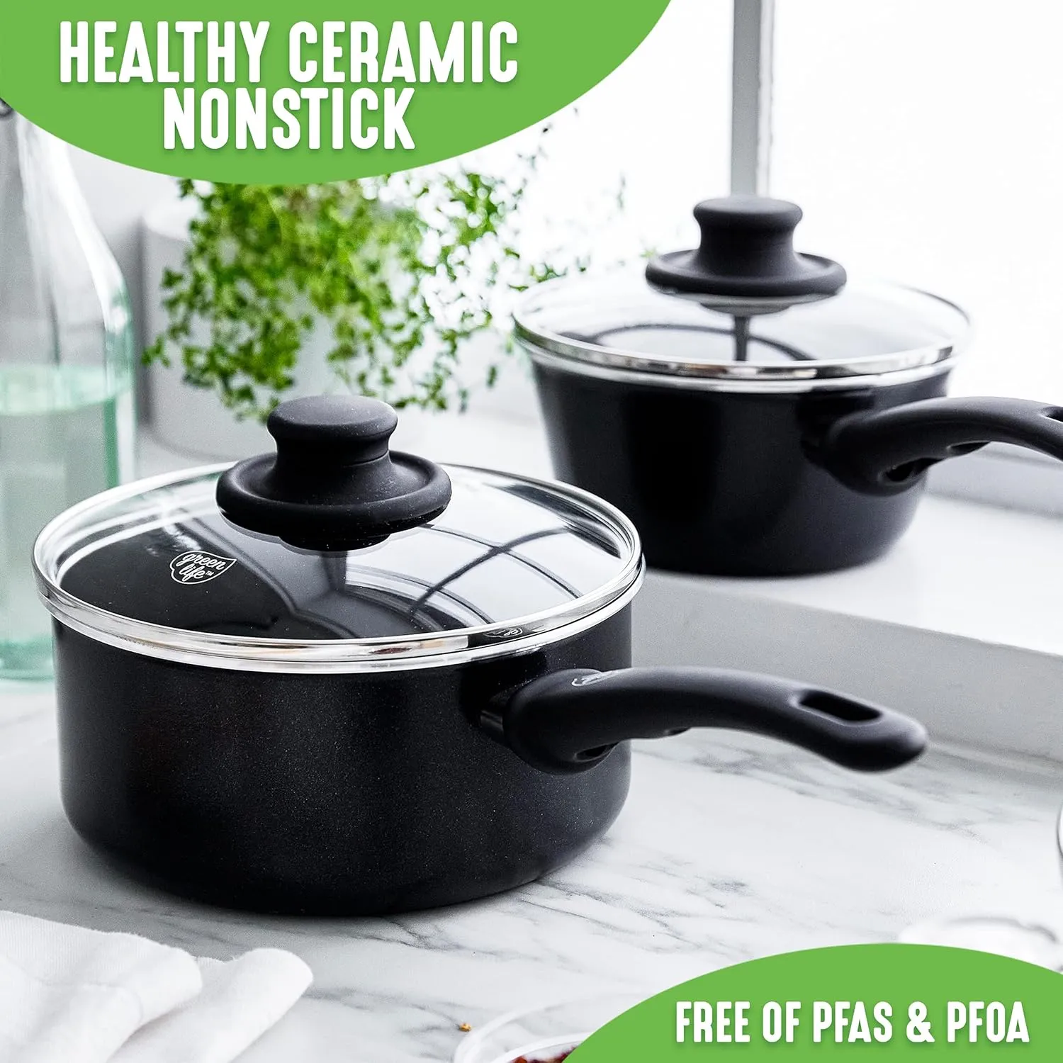 GreenLife Soft Grip 1QT and 2QT Saucepan Set, Non-Toxic PFAS-Free Ceramic Nonstick, Glass Lids, Stay Cool Handles, Wobble Free Base, Dishwasher & Oven Safe, Easy Clean, Multipurpose, Black