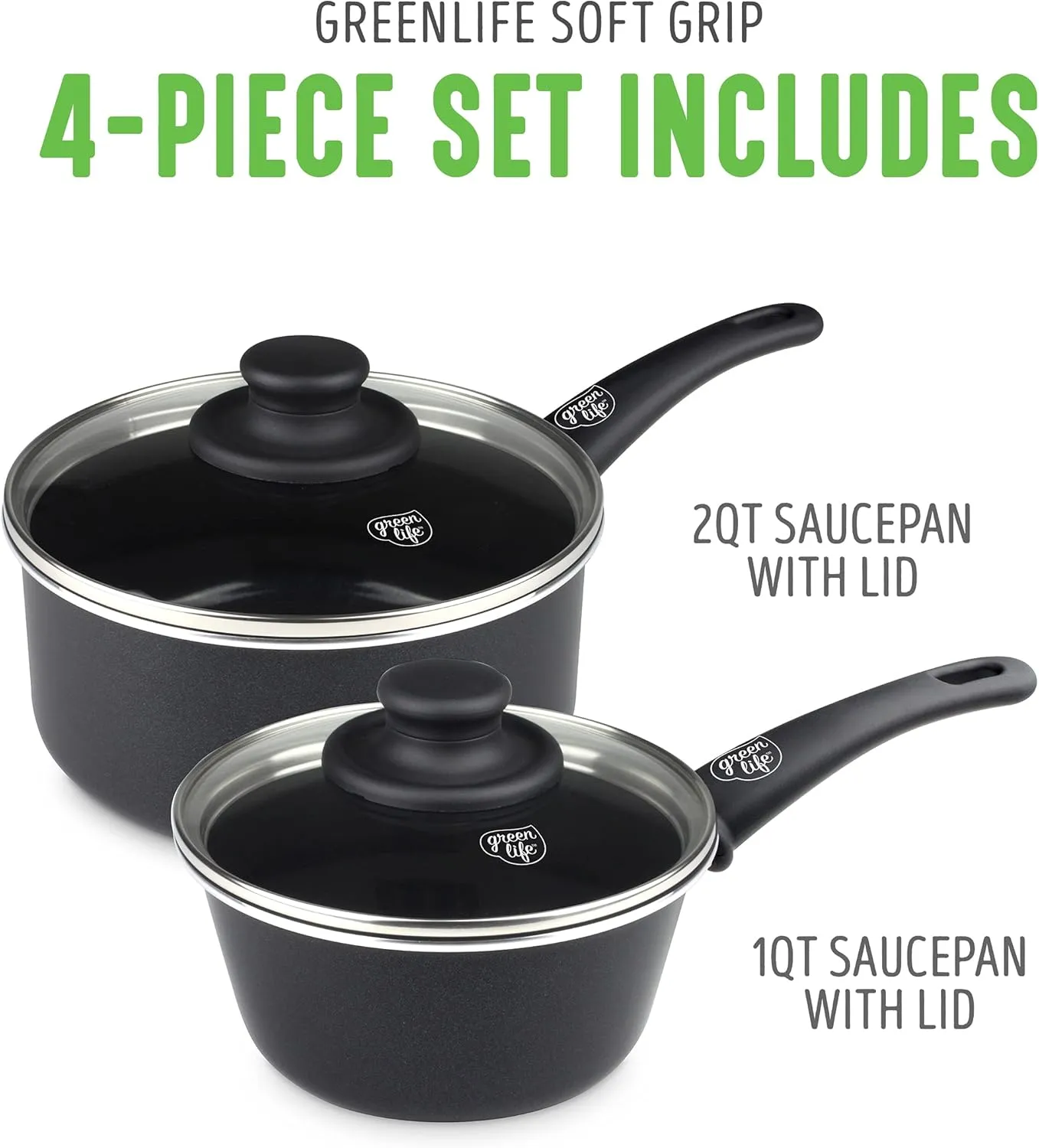 GreenLife Soft Grip 1QT and 2QT Saucepan Set, Non-Toxic PFAS-Free Ceramic Nonstick, Glass Lids, Stay Cool Handles, Wobble Free Base, Dishwasher & Oven Safe, Easy Clean, Multipurpose, Black