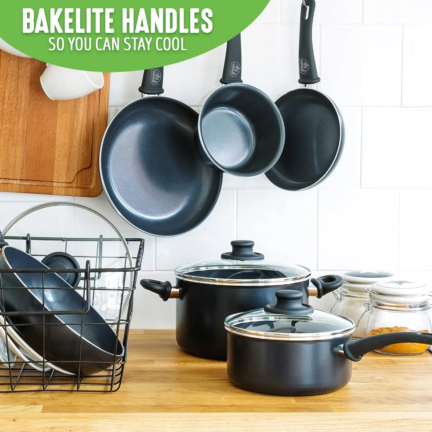 GreenLife Soft Grip 1QT and 2QT Saucepan Set, Non-Toxic PFAS-Free Ceramic Nonstick, Glass Lids, Stay Cool Handles, Wobble Free Base, Dishwasher & Oven Safe, Easy Clean, Multipurpose, Black