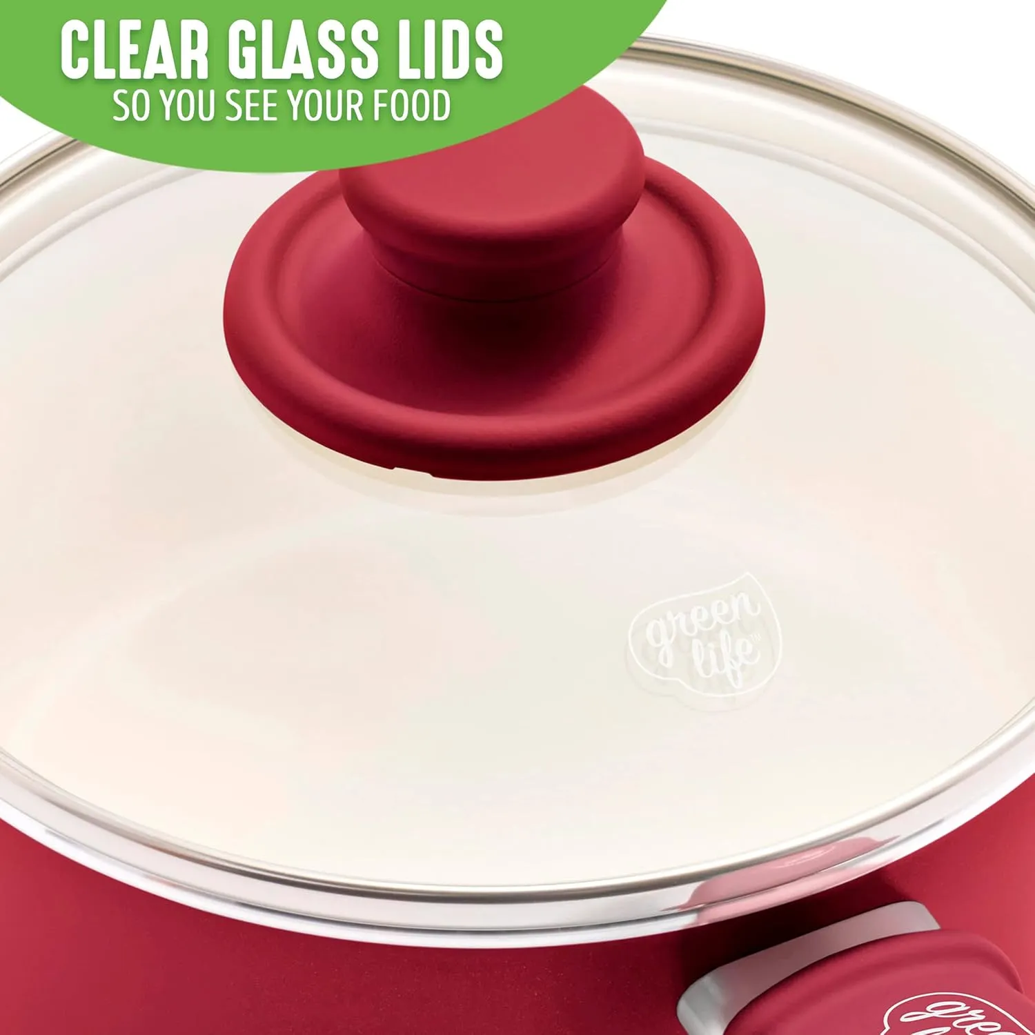 GreenLife Soft Grip 1QT and 2QT Saucepan Set, Non-Toxic PFAS-Free Ceramic Nonstick, Glass Lids, Stay Cool Handles, Wobble Free Base, Dishwasher & Oven Safe, Easy Clean, Multipurpose, Red