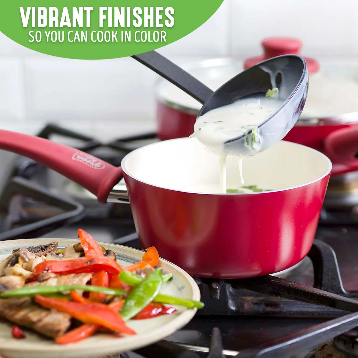 GreenLife Soft Grip 1QT and 2QT Saucepan Set, Non-Toxic PFAS-Free Ceramic Nonstick, Glass Lids, Stay Cool Handles, Wobble Free Base, Dishwasher & Oven Safe, Easy Clean, Multipurpose, Red