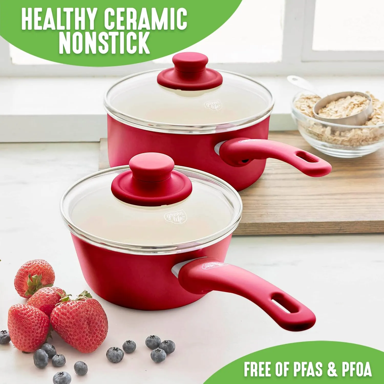 GreenLife Soft Grip 1QT and 2QT Saucepan Set, Non-Toxic PFAS-Free Ceramic Nonstick, Glass Lids, Stay Cool Handles, Wobble Free Base, Dishwasher & Oven Safe, Easy Clean, Multipurpose, Red