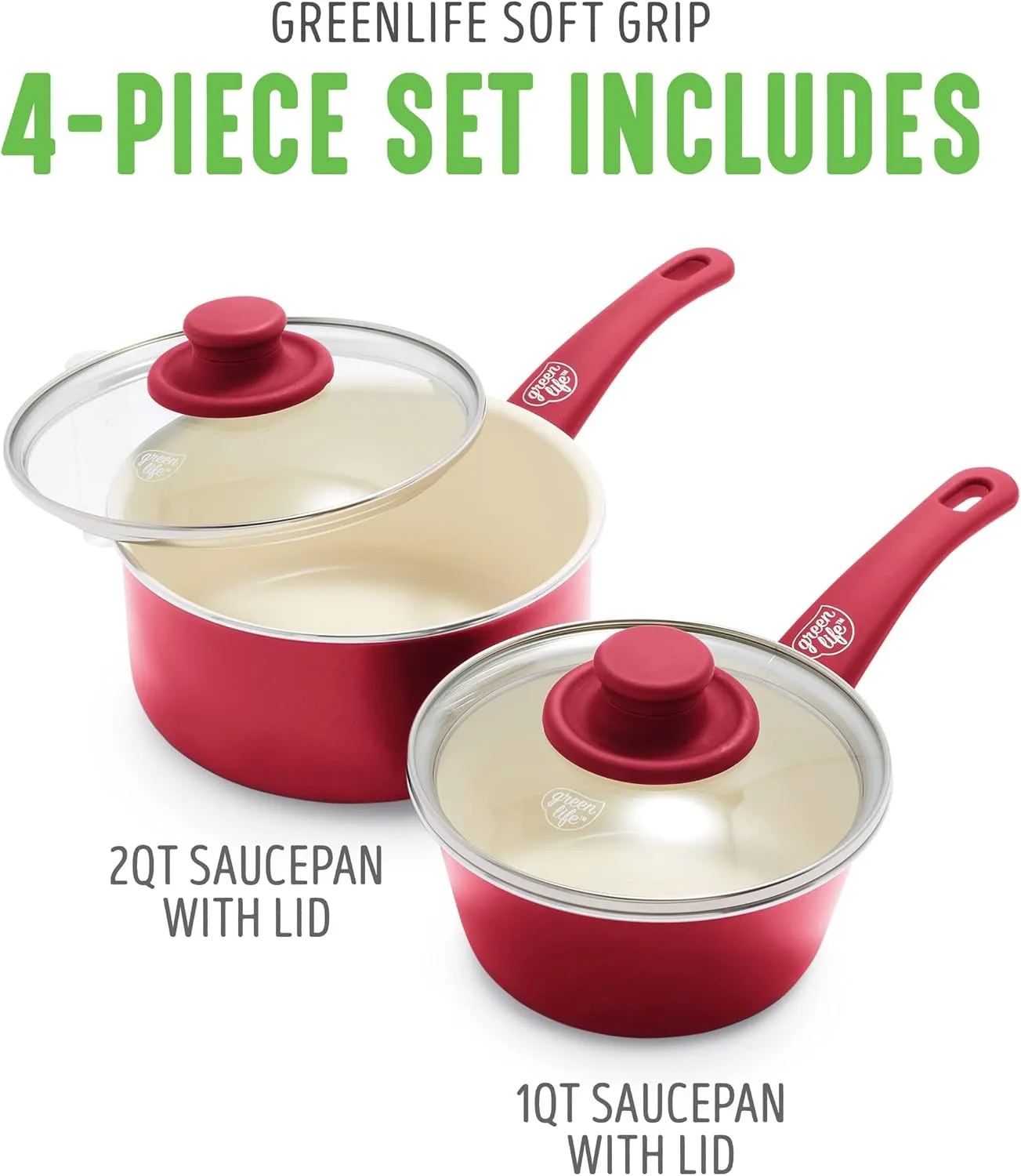 GreenLife Soft Grip 1QT and 2QT Saucepan Set, Non-Toxic PFAS-Free Ceramic Nonstick, Glass Lids, Stay Cool Handles, Wobble Free Base, Dishwasher & Oven Safe, Easy Clean, Multipurpose, Red