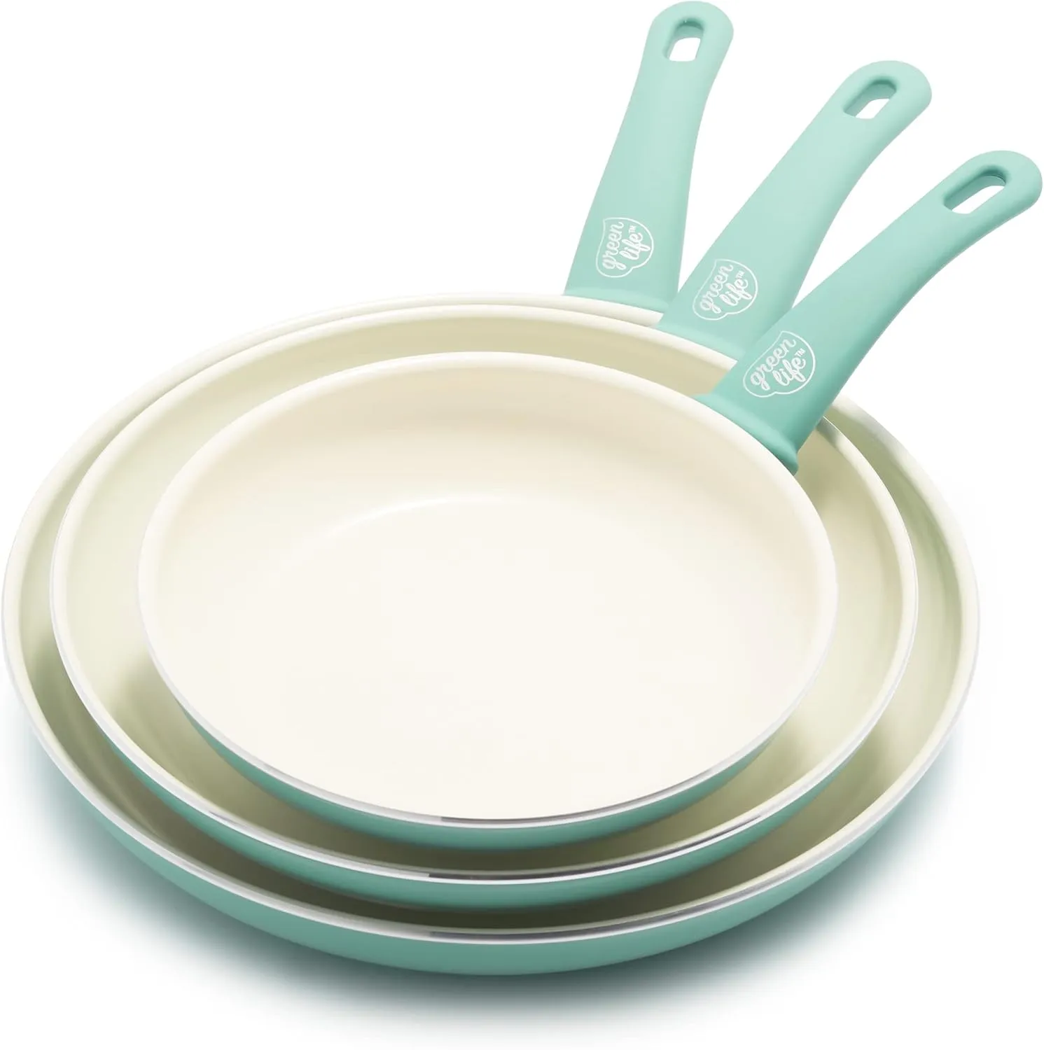 GreenLife Soft Grip Healthy Ceramic Nonstick 20, 26 & 30cm Frying Pan Skillet Set, PFAS-Free, Dishwasher Safe, Turquoise
