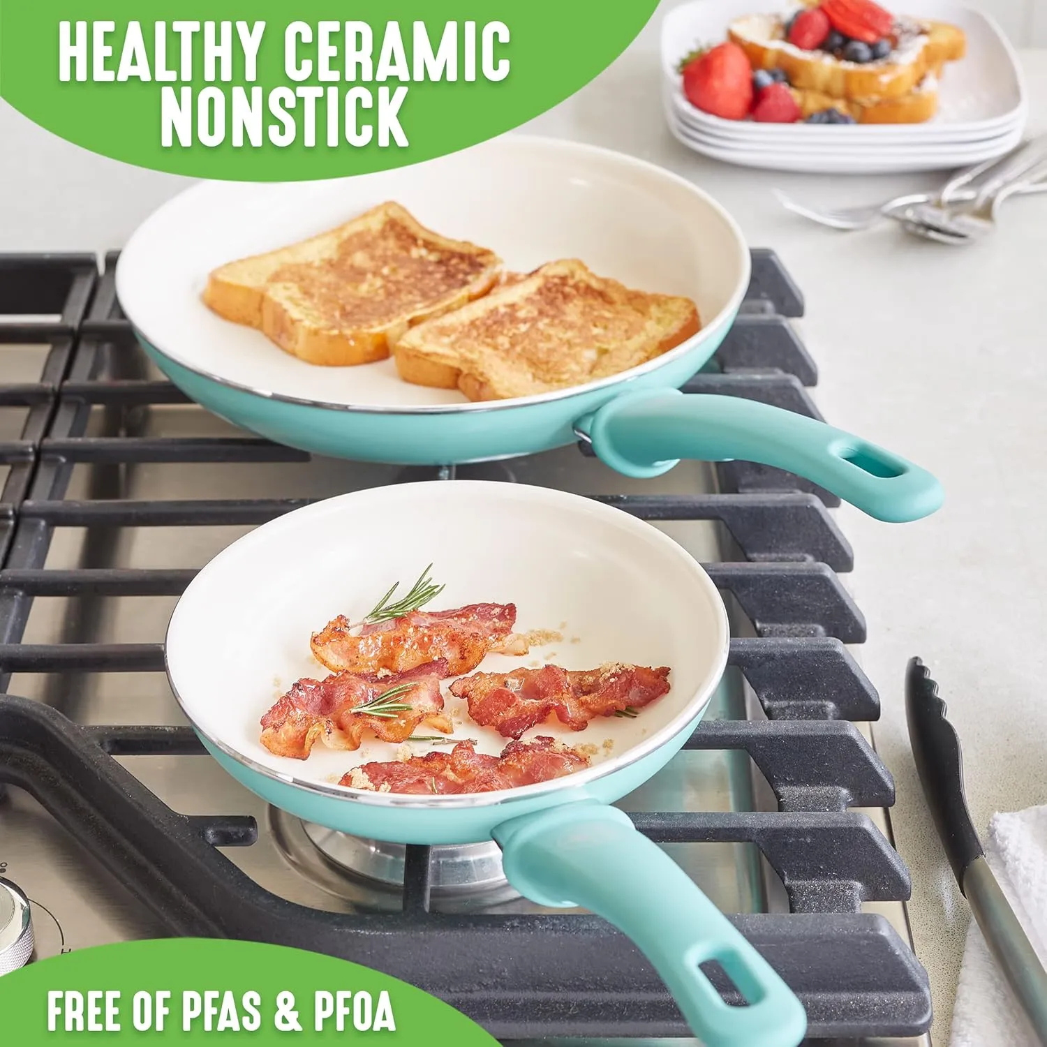 GreenLife Soft Grip Healthy Ceramic Nonstick 20, 26 & 30cm Frying Pan Skillet Set, PFAS-Free, Dishwasher Safe, Turquoise