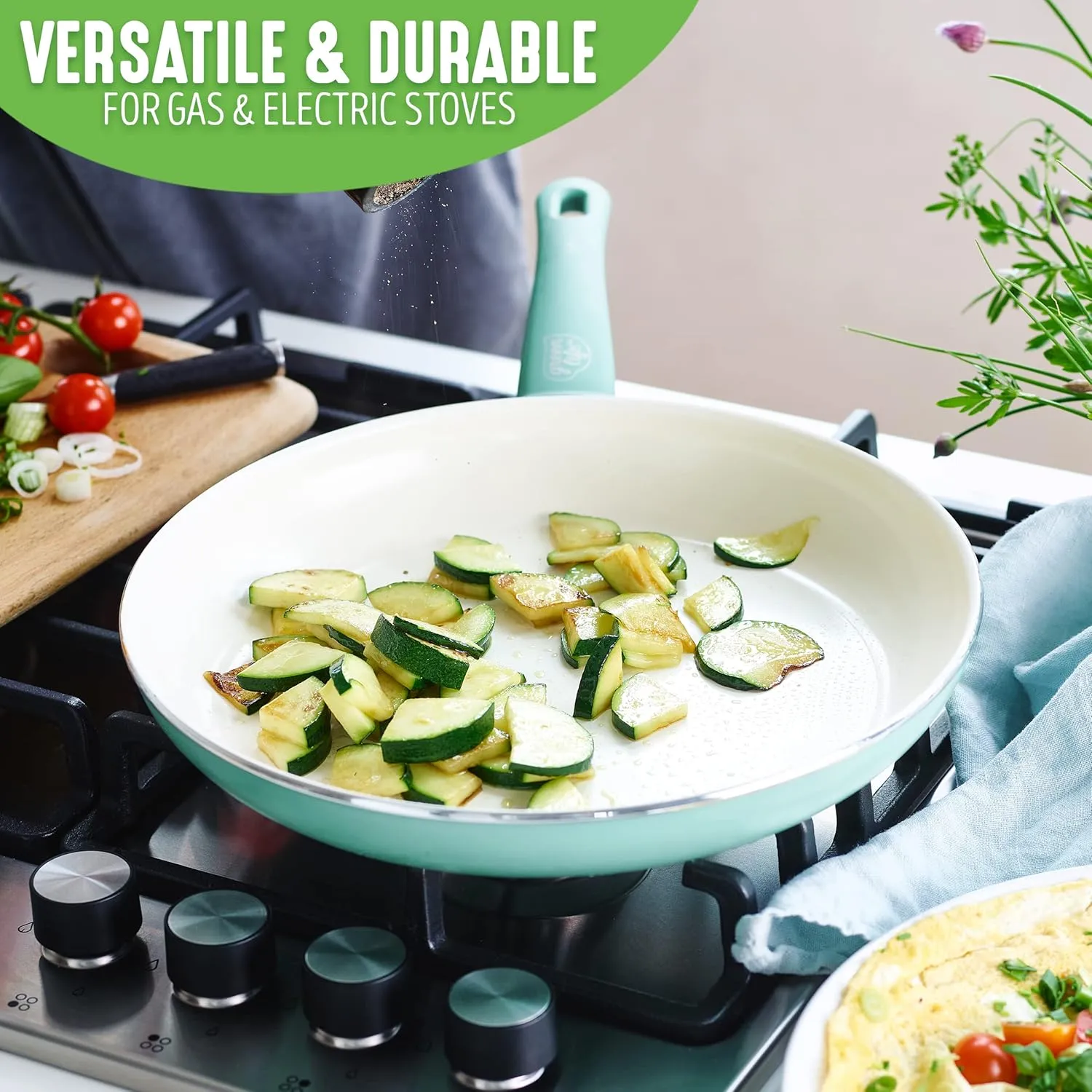 GreenLife Soft Grip Healthy Ceramic Nonstick 20, 26 & 30cm Frying Pan Skillet Set, PFAS-Free, Dishwasher Safe, Turquoise