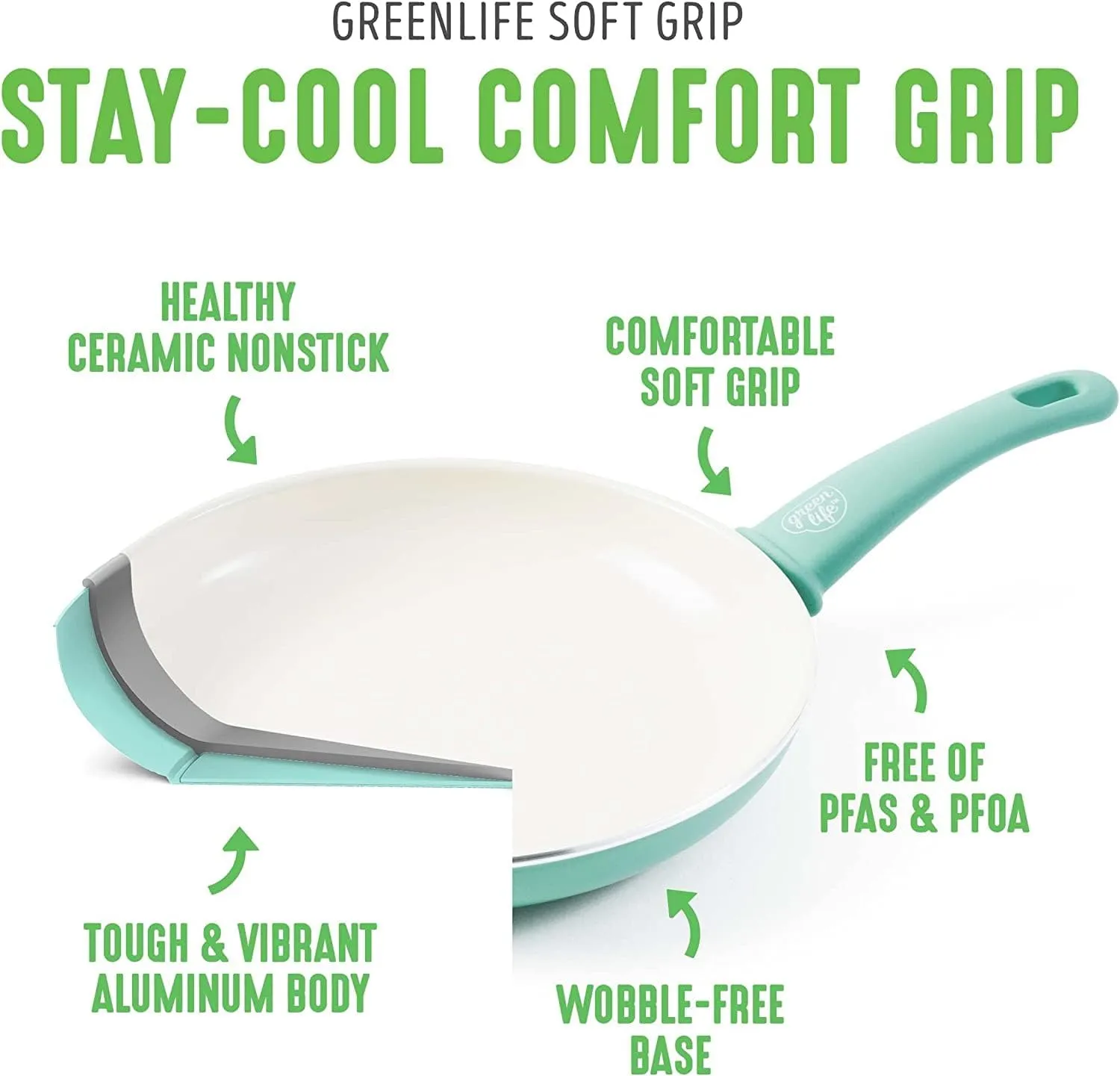 GreenLife Soft Grip Healthy Ceramic Nonstick, 8" Frying Pan Skillet, PFAS-Free, Dishwasher Safe, Turquoise