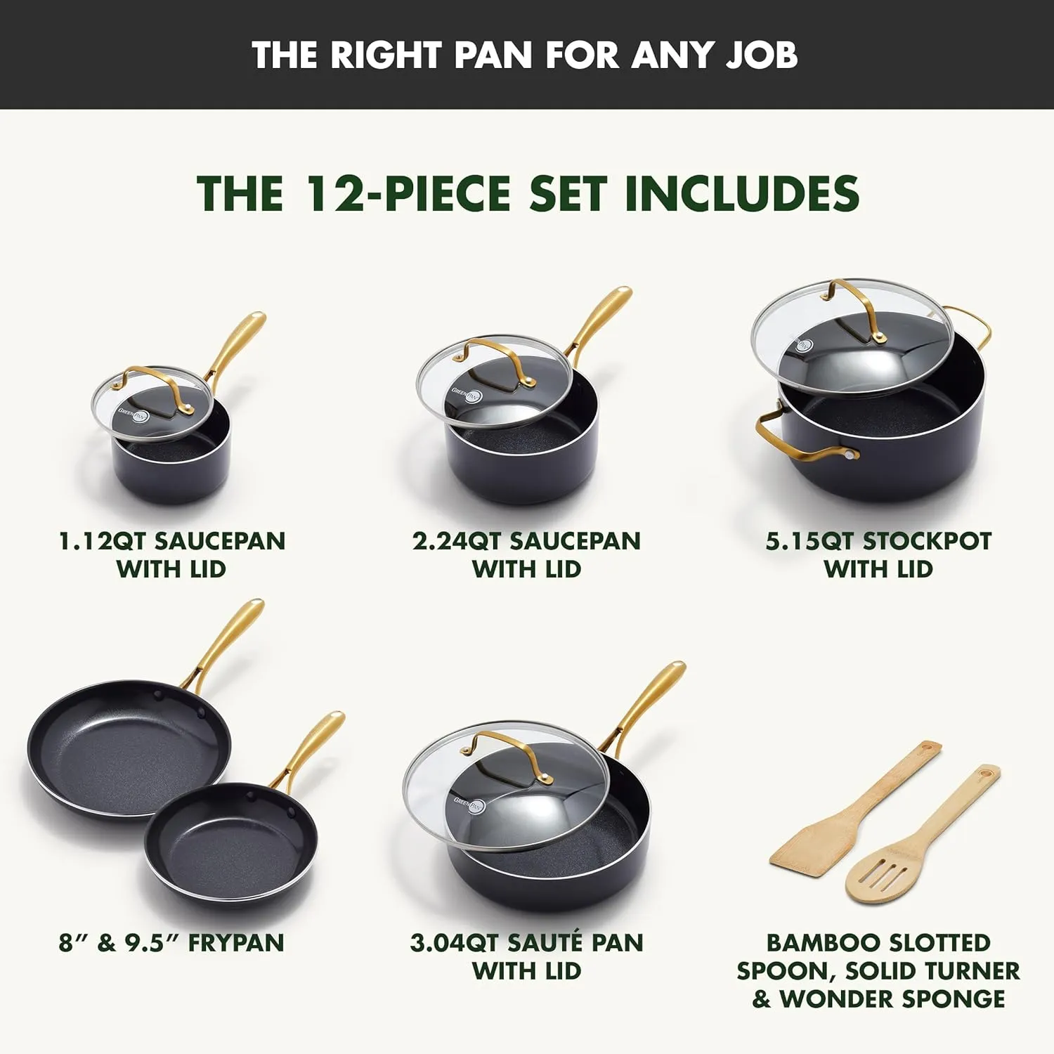 GreenPan Swift 12 Piece Cookware Pot and Pans Set, PFAS & PFOA-Free Healthy Ceramic Nonstick, Gold Stainless Steel Handle, Versatile Cooking Essentials, Dishwasher & Oven Safe, Black