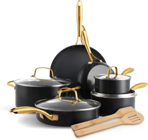 GreenPan Swift 12 Piece Cookware Pot and Pans Set, PFAS & PFOA-Free Healthy Ceramic Nonstick, Gold Stainless Steel Handle, Versatile Cooking Essentials, Dishwasher & Oven Safe, Black