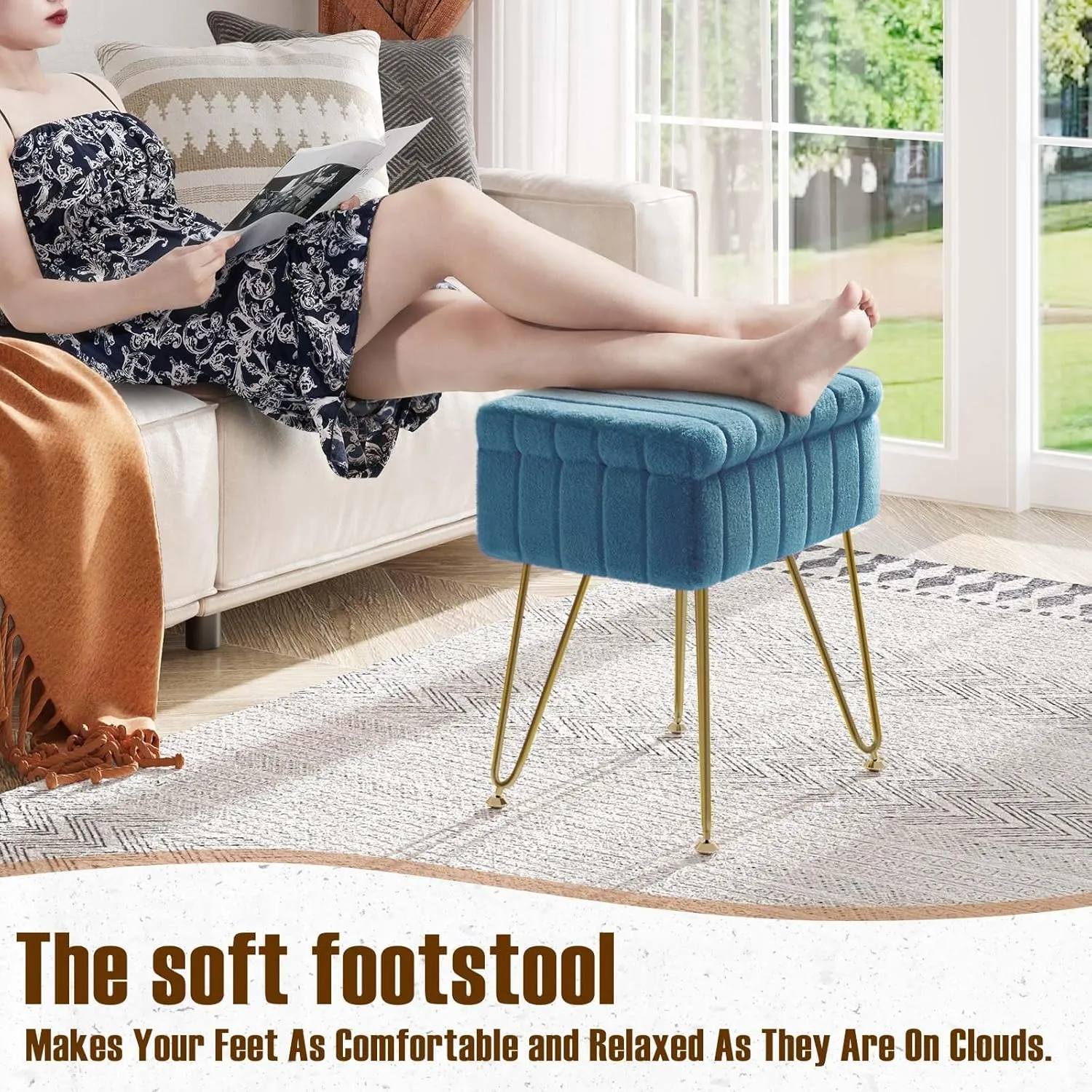 Greenstell Vanity Stool Chair Faux Fur with Storage, 15.7"L x 11.8"W x 19.4"H Soft Ottoman 4 Metal Legs with Anti-Slip Feet, Furry Padded Seat, Modern Multifunctional Chairs for Makeup, Bedroom,Blue