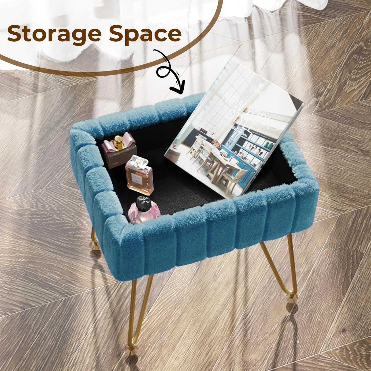 Greenstell Vanity Stool Chair Faux Fur with Storage, 15.7"L x 11.8"W x 19.4"H Soft Ottoman 4 Metal Legs with Anti-Slip Feet, Furry Padded Seat, Modern Multifunctional Chairs for Makeup, Bedroom,Blue