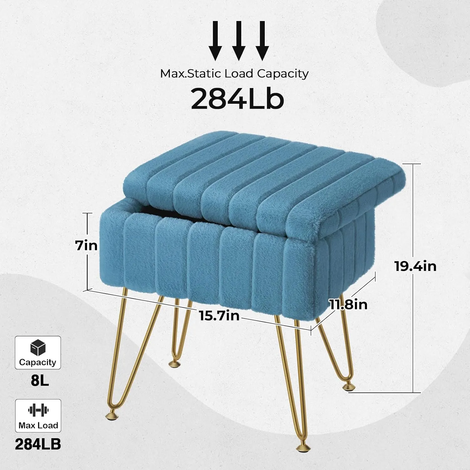Greenstell Vanity Stool Chair Faux Fur with Storage, 15.7"L x 11.8"W x 19.4"H Soft Ottoman 4 Metal Legs with Anti-Slip Feet, Furry Padded Seat, Modern Multifunctional Chairs for Makeup, Bedroom,Blue