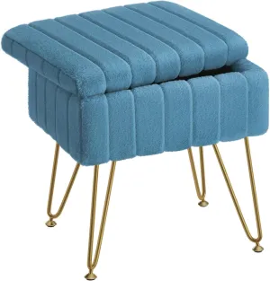 Greenstell Vanity Stool Chair Faux Fur with Storage, 15.7"L x 11.8"W x 19.4"H Soft Ottoman 4 Metal Legs with Anti-Slip Feet, Furry Padded Seat, Modern Multifunctional Chairs for Makeup, Bedroom,Blue