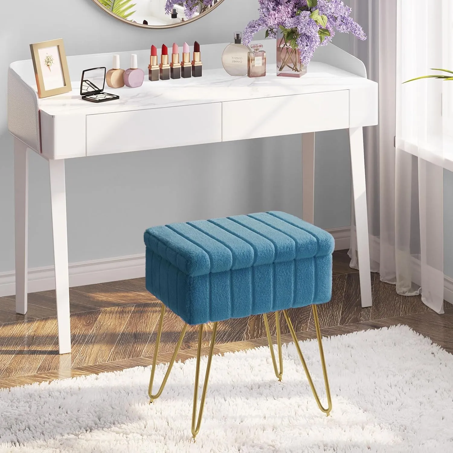 Greenstell Vanity Stool Chair Faux Fur with Storage, 15.7"L x 11.8"W x 19.4"H Soft Ottoman 4 Metal Legs with Anti-Slip Feet, Furry Padded Seat, Modern Multifunctional Chairs for Makeup, Bedroom,Blue