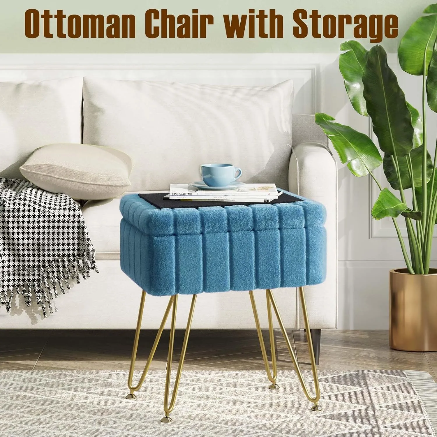 Greenstell Vanity Stool Chair Faux Fur with Storage, 15.7"L x 11.8"W x 19.4"H Soft Ottoman 4 Metal Legs with Anti-Slip Feet, Furry Padded Seat, Modern Multifunctional Chairs for Makeup, Bedroom,Blue