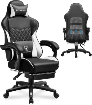 GTPLAYER Gaming Chair, High Back Leather Computer Gaming Chair with Footrest, Ergonomic Height Adjustable Office Chair with Removable Cover and Lumbar Support for Gaming and Work (White)