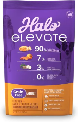 Halo Elevate Dog Chicken Recipe, Grain Free Dry Dog Food, Kibble for Adult Dogs, 20 lb Bag