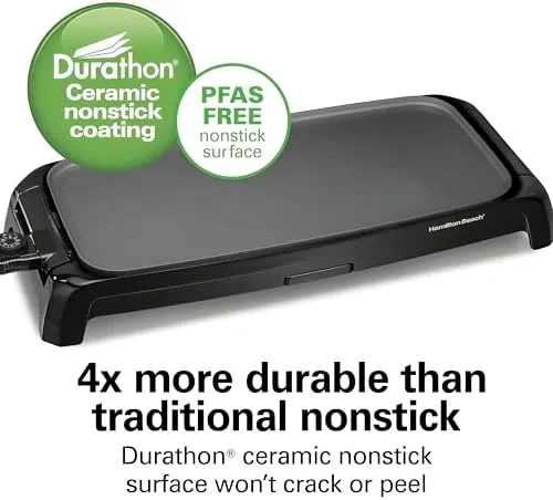 Hamilton Beach 200 Sq. In. Electric Griddle With Adjustable Temperature for 200 to 400 degrees, PTFE & PFOA Free Durathon Ceramic Reversible Nonstick Surface, Black (38522)