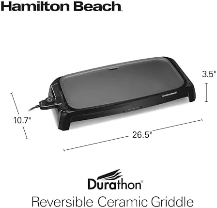Hamilton Beach 200 Sq. In. Electric Griddle With Adjustable Temperature for 200 to 400 degrees, PTFE & PFOA Free Durathon Ceramic Reversible Nonstick Surface, Black (38522)